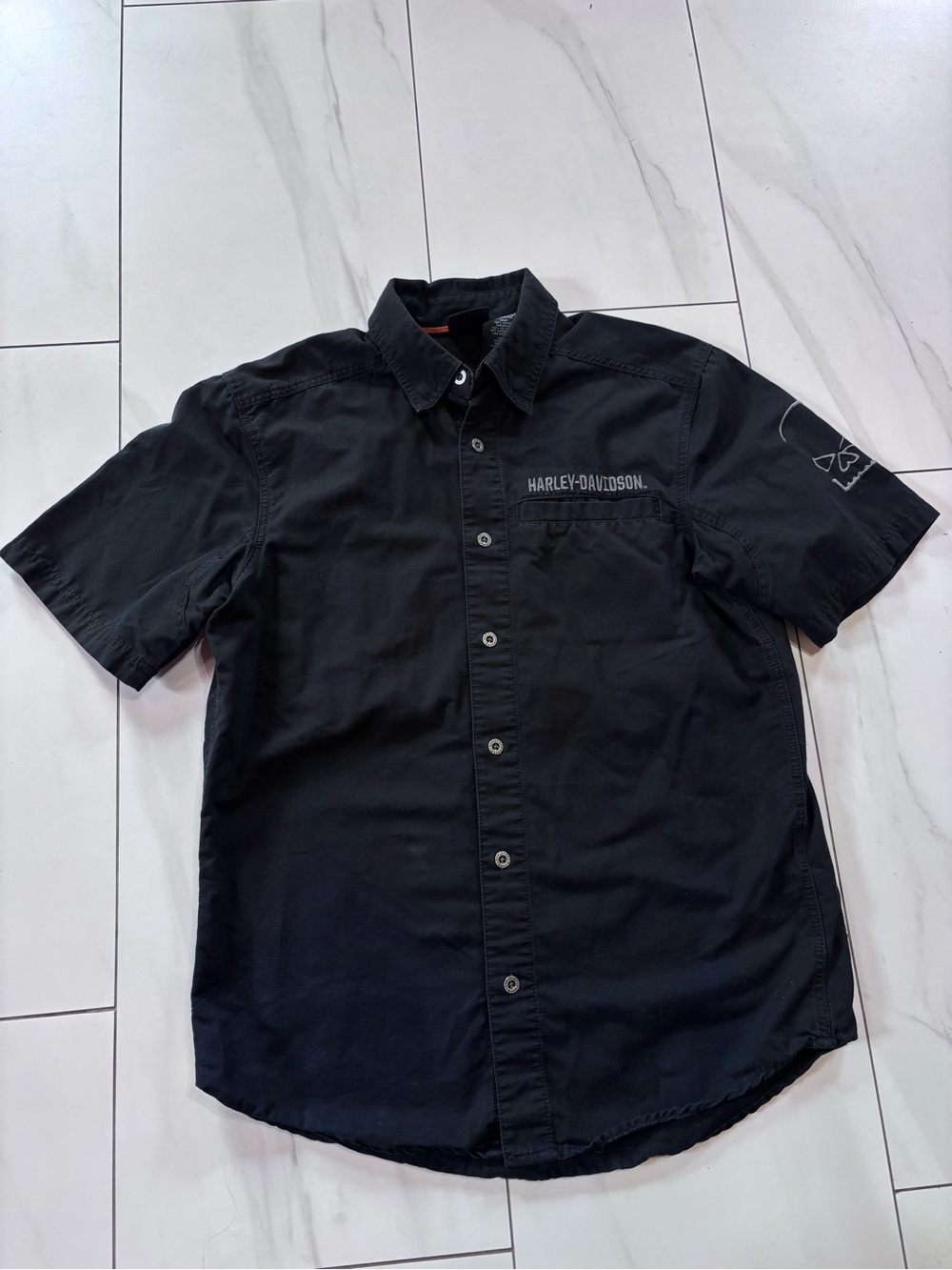 Harley Davidson short sleeve button front mechanic style black shirt size S/M